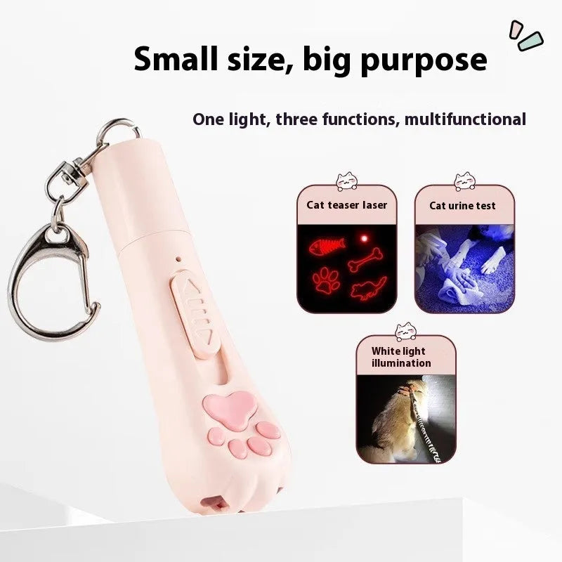 Cat teaser pen light toy with 15cm plastic wand and USB charging cable in cream white colour