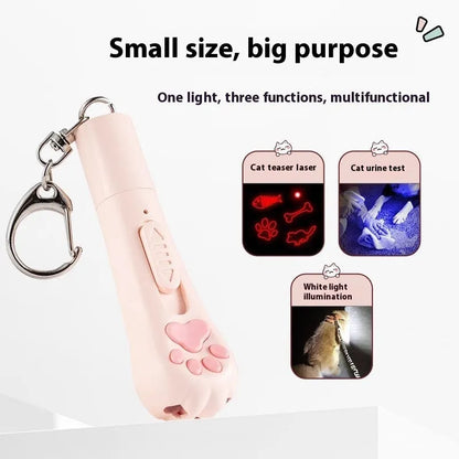Cat teaser pen light toy with 15cm plastic wand and USB charging cable in cream white colour