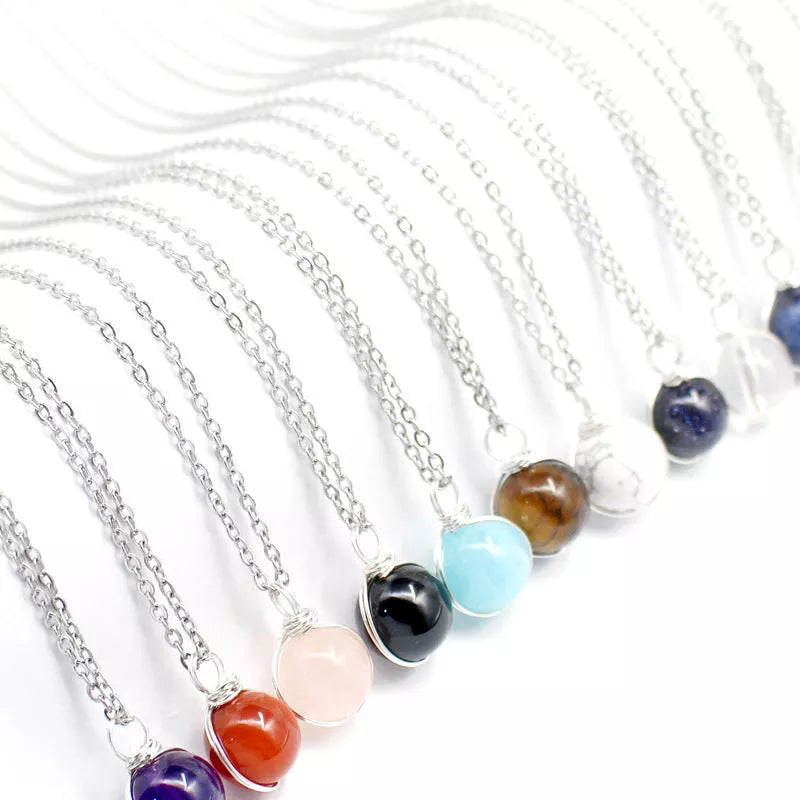 Natural crystal red agate necklace with glass ball pendant, available in multiple colors