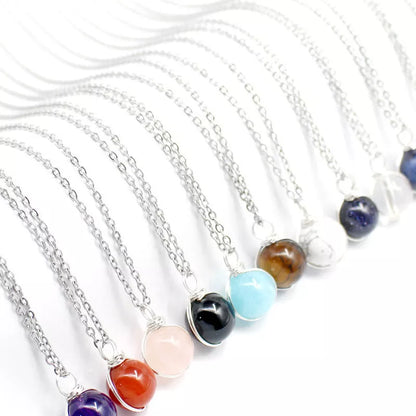 Natural crystal red agate necklace with glass ball pendant, available in multiple colors