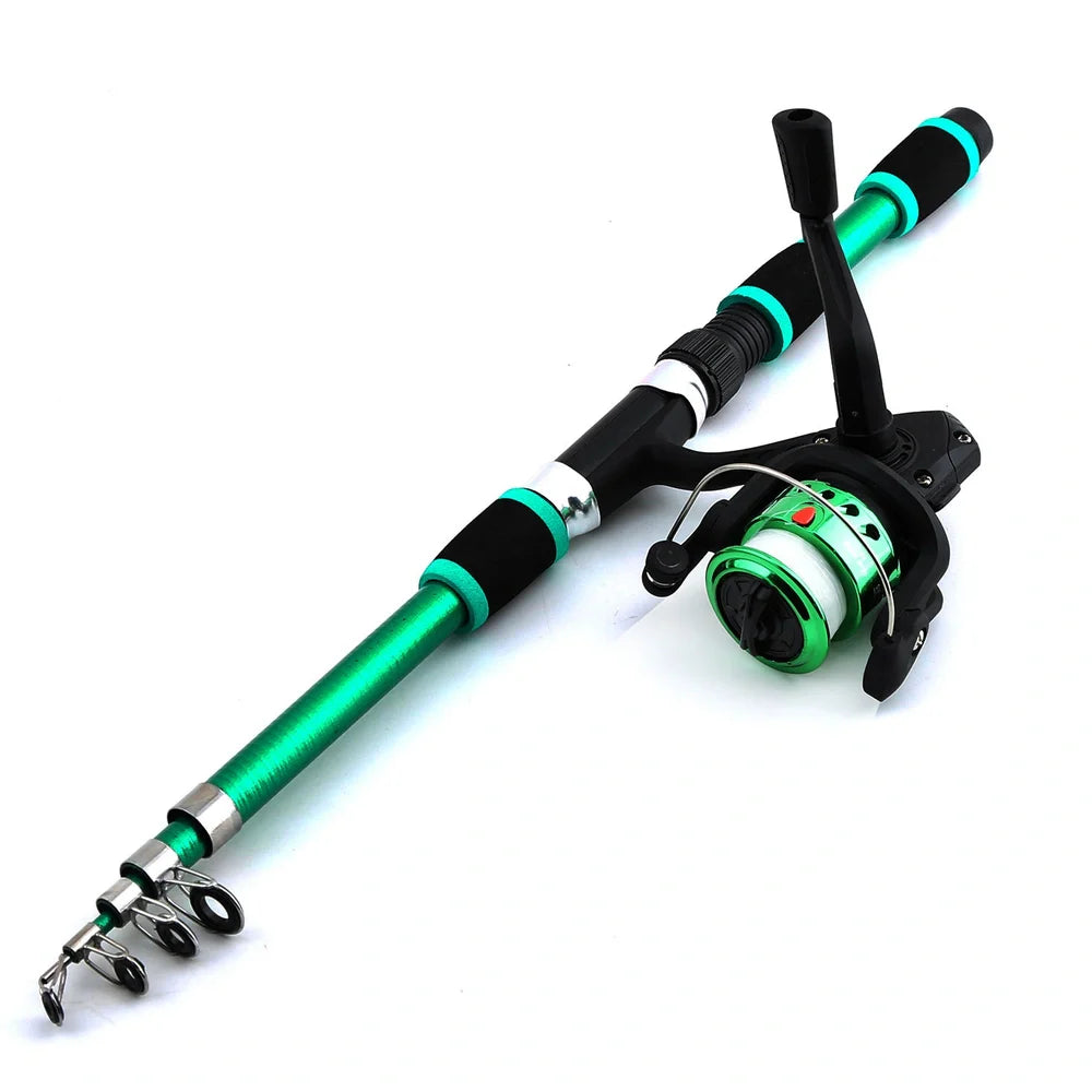 Children's fishing rod set with pole and wheel in four colour options including bait accessory box