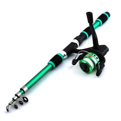 Children's fishing rod and reel set with pole, wheel, and bait accessory box in blue colour