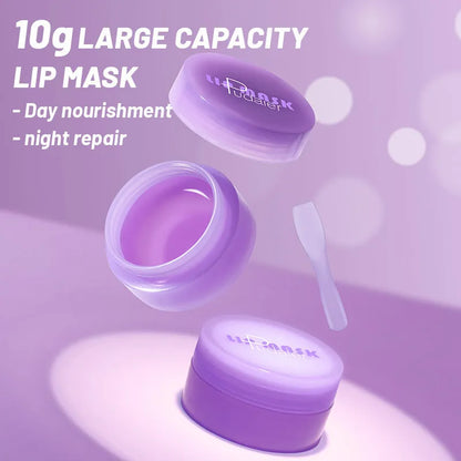 Box containing a 10ml lip exfoliating mask film and a plastic scraper tool for lip care.