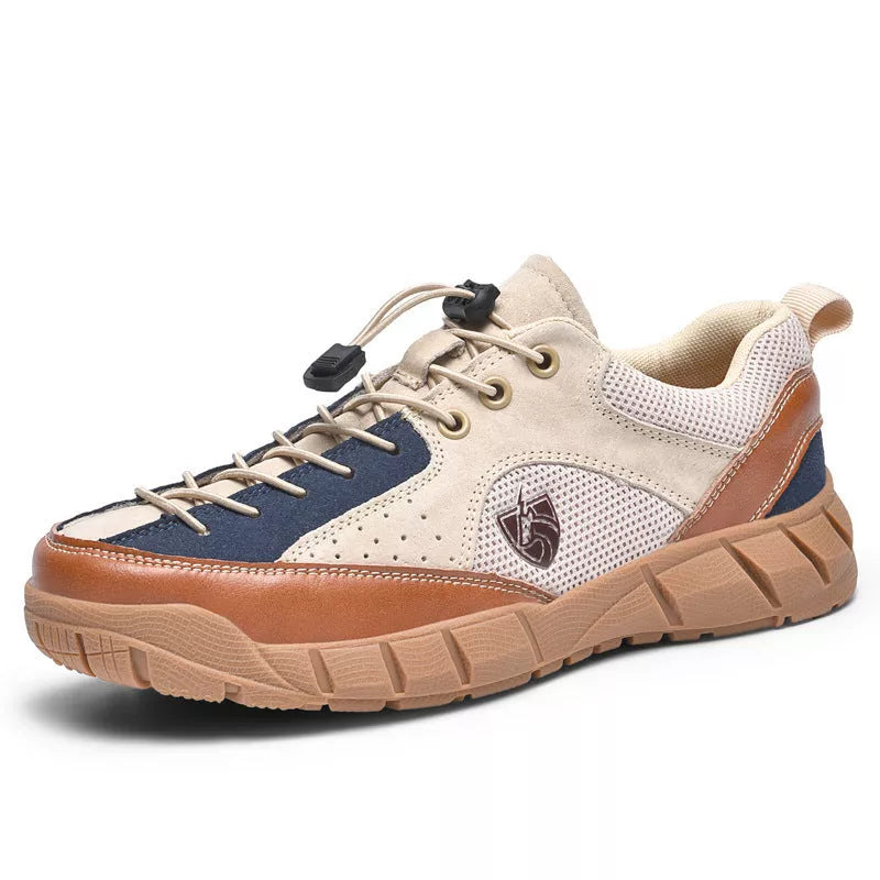 Outdoor Casual Sneaker Mountain Climbing Shoes in gray yellow, green, and blue with wear-resistant rubber sole