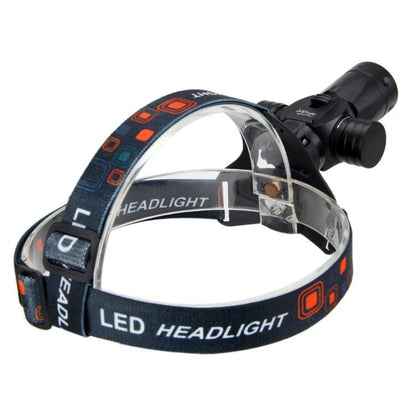 Aluminium alloy diving headlight with elastic headband showing 200-metre irradiation and 80-metre waterproof rating