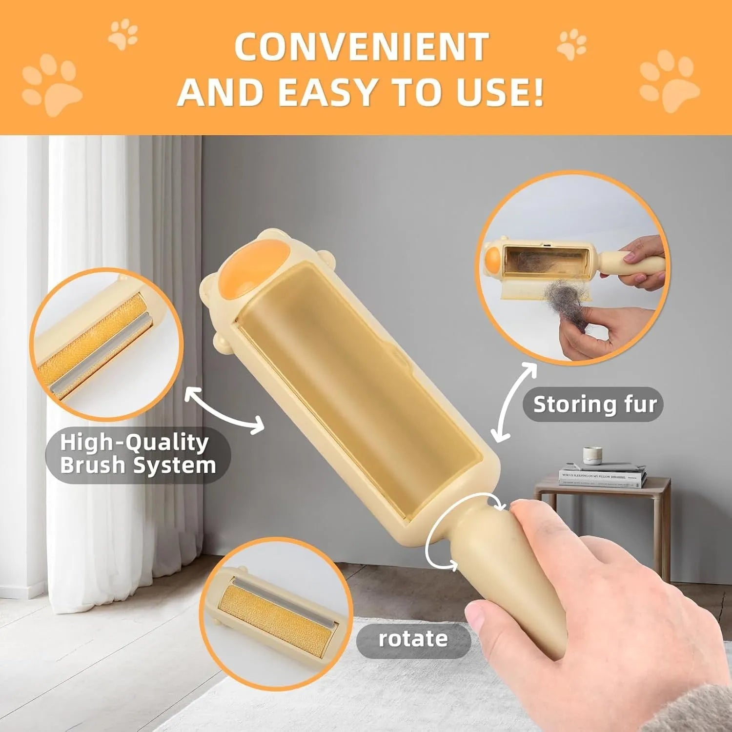 Blue pet hair remover tool with self-cleaning base for removing dog and cat fur from furniture and car seats