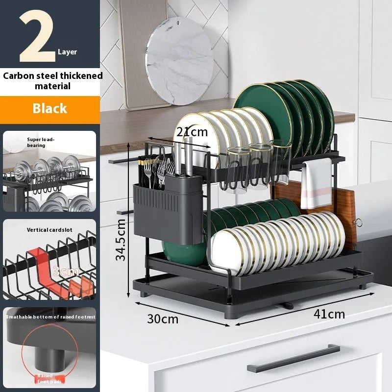 White double-layer kitchen storage rack with removable draining section on a countertop