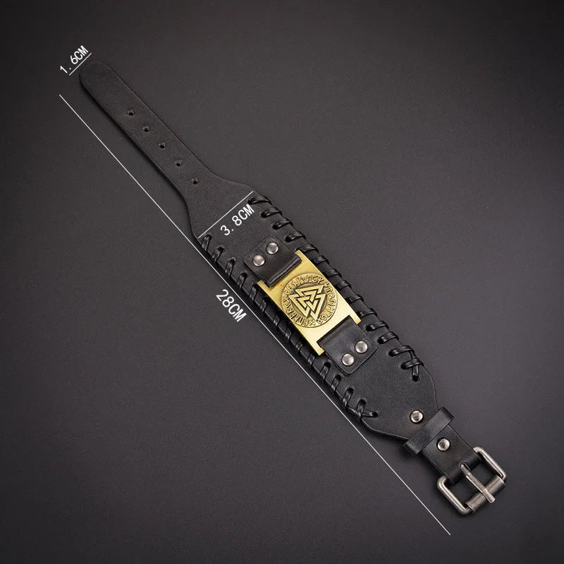 Nordic Viking PU Leather Bracelet with triangle energy design, adjustable buckle, and durable construction.