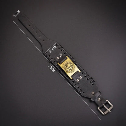 Nordic Viking PU Leather Bracelet with triangle energy design, adjustable buckle, and durable construction.