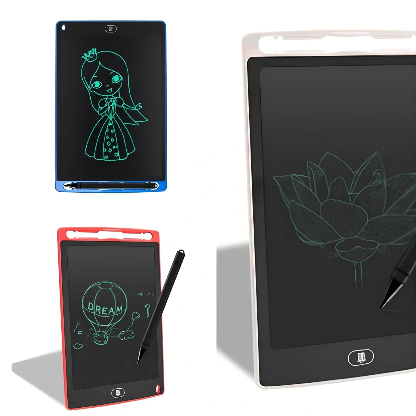 8.5-inch LCD writing board with stylus showing pressure-sensitive writing on blue background