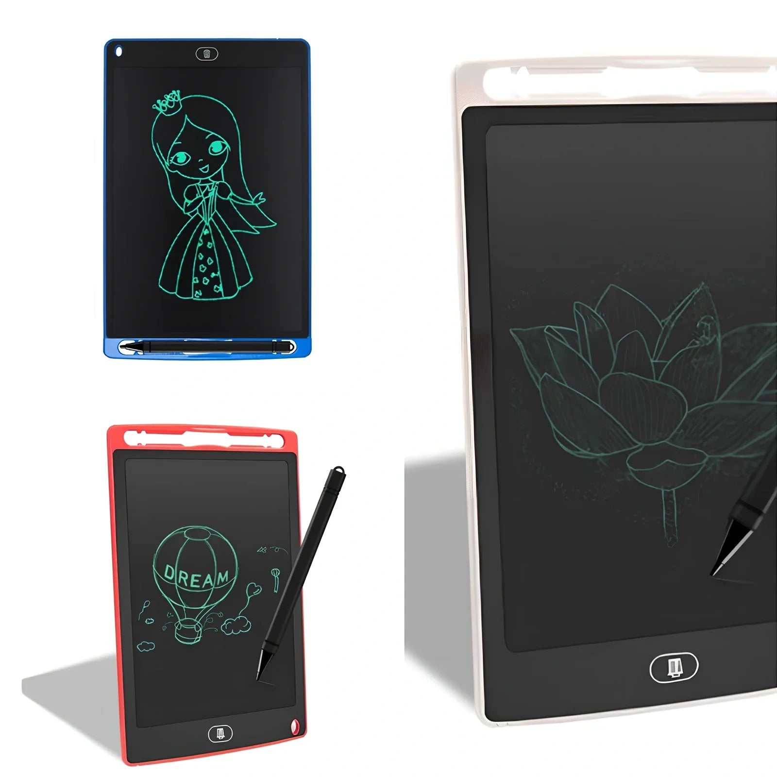 8.5-inch LCD writing board with stylus showing pressure-sensitive writing on blue background