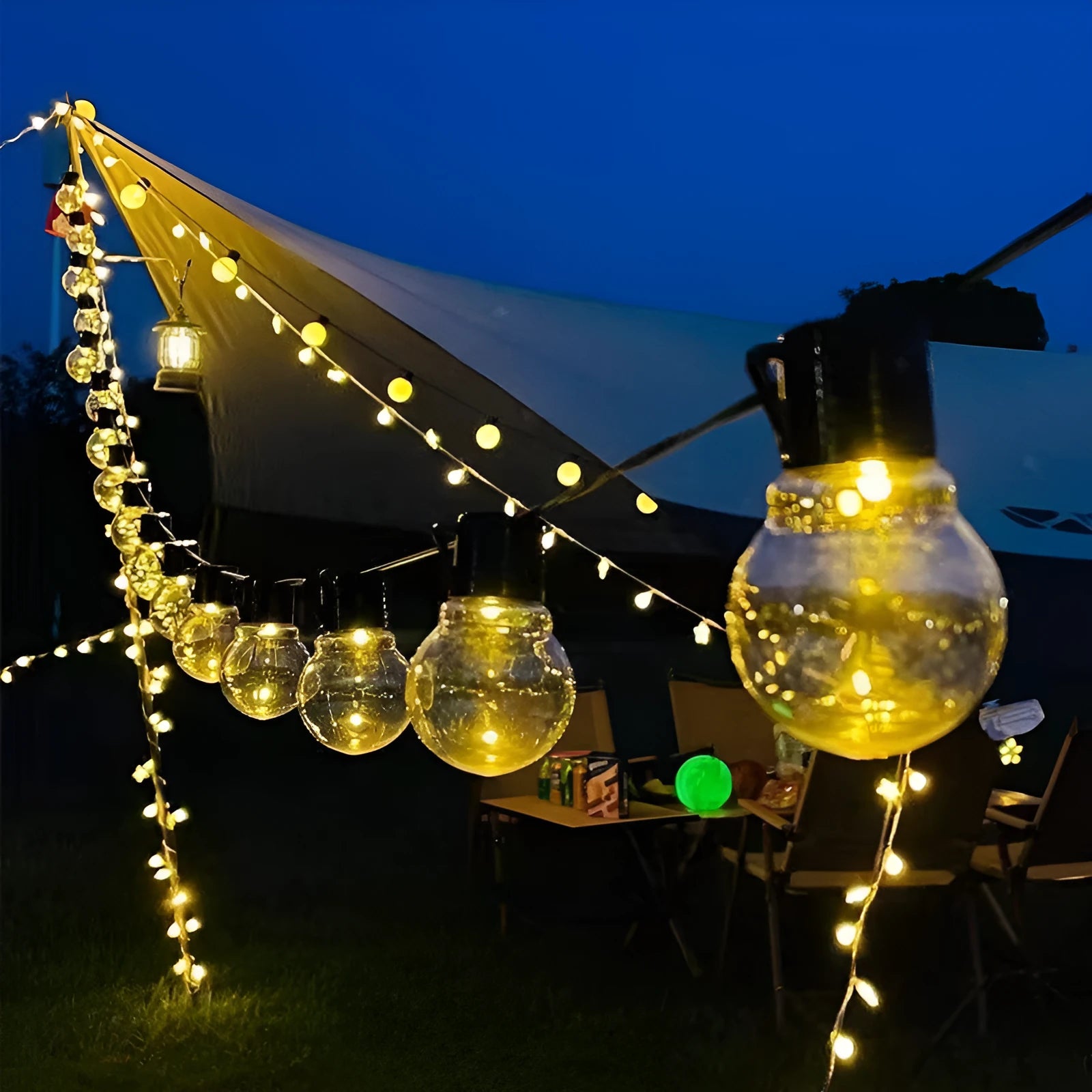 10-metre black wire solar festoon lights with 40 warm white LED bulbs for outdoor decoration