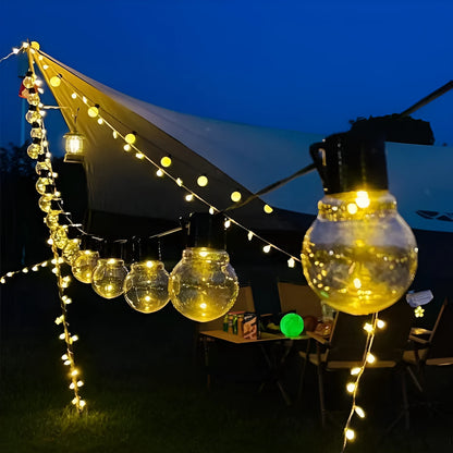 10-metre black wire solar festoon lights with 40 warm white LED bulbs for outdoor decoration