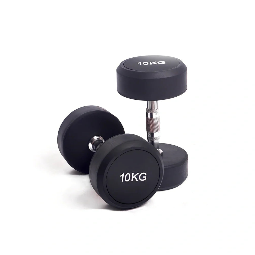 Black cast iron rubberized round head fitness dumbbell with textured grip, showing 10cm diameter measurement