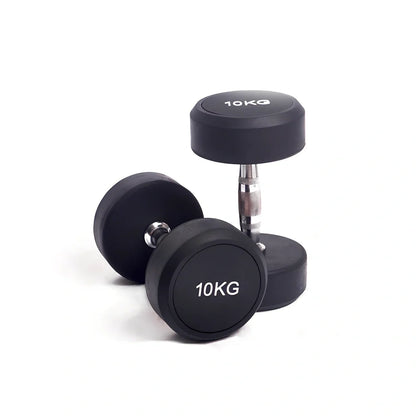 Black cast iron rubberized round head fitness dumbbell with textured grip, showing 10cm diameter measurement