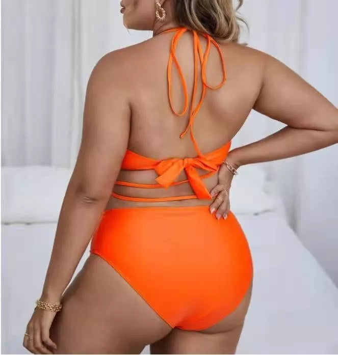 Plus Size Solid Color Split Ladies Bikini Set in black and orange