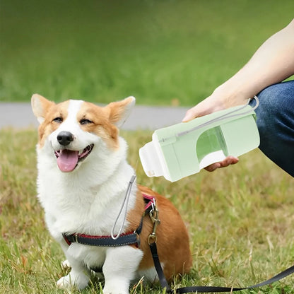 Grey 2-in-1 travel dog water bottle with lanyard showing folding design and 690ml capacity