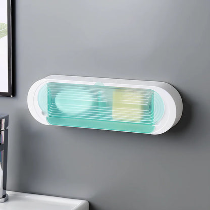 Green and white ABS plastic soap box measuring 11x5.5x33cm with drainage holes and lid