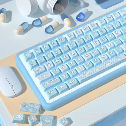 Full set of watercolour kitten design keycaps for mechanical keyboards, showing opaque legends on PTB plastic.