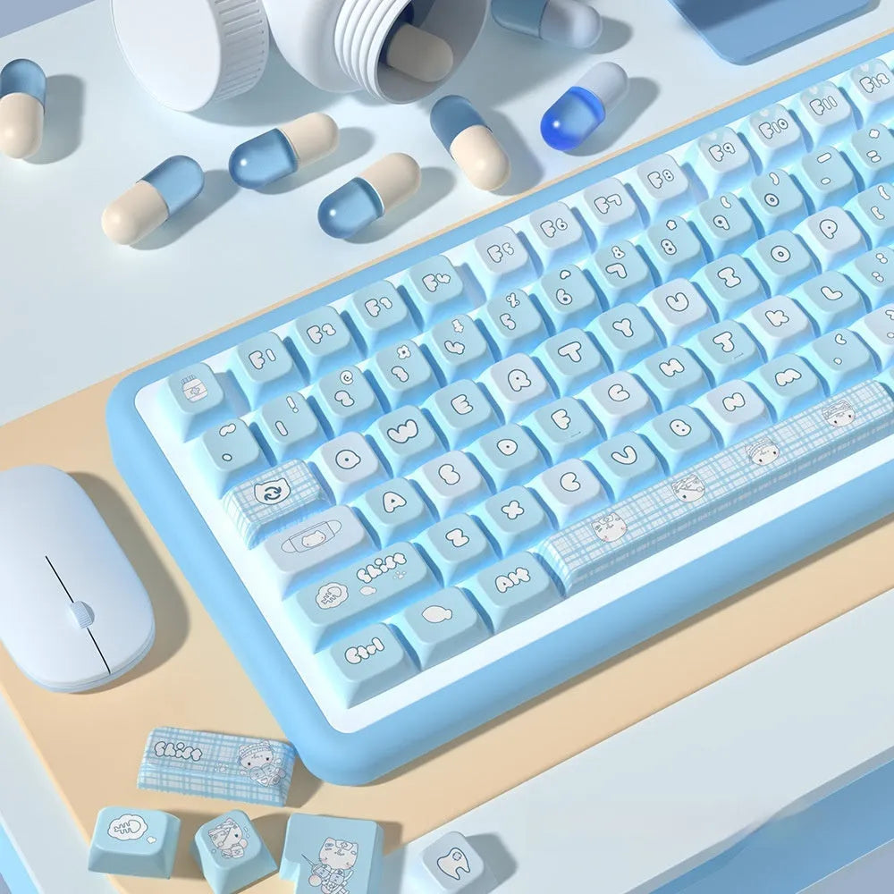 Watercolour kitten design custom keycap set for mechanical keyboards, showing full layout of 158 printed keys.