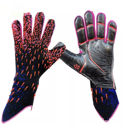 Kids Football Goalkeeper Gloves in red, green, black, and orange colors, sizes 6-10