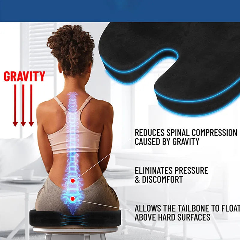 Black U-shaped memory foam seat cushion for office chair or car seat support