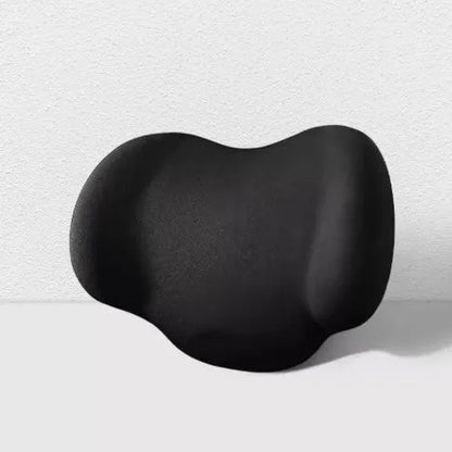 Black memory cotton car headrest cushion and matching lumbar support on a grey car seat.