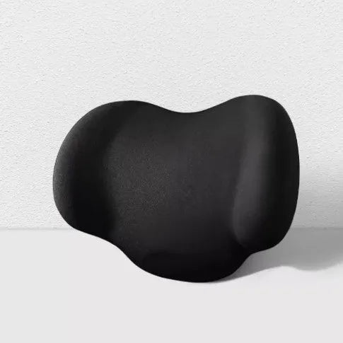 Black memory cotton car headrest cushion and matching lumbar support pillow on a car seat