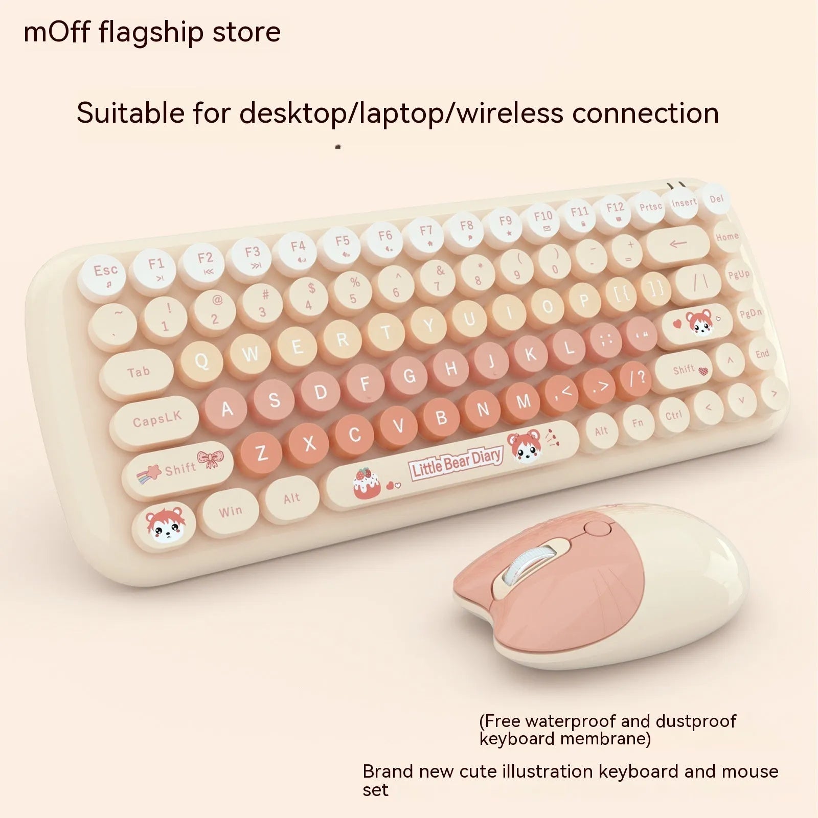 Pink mini wireless keyboard and mouse set with cute cartoon design on desk