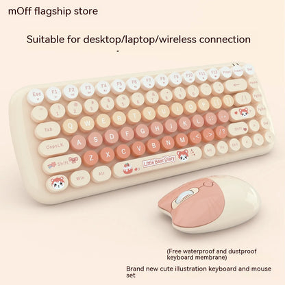 Pink mini wireless keyboard and mouse set with cute cartoon design on desk