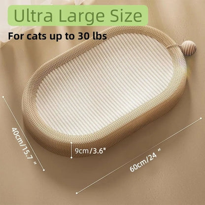 Large rectangular sisal cat scratching board with an attached raised lounge bed for cats, shown on a living room floor.