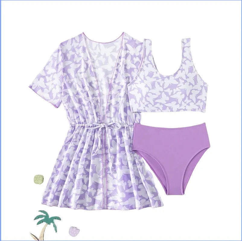 Girls' three-piece split cover print swimsuit set in colour 3218, sizes 8Y to 12Y.