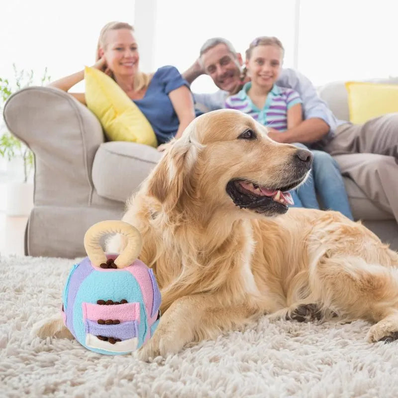 Pink and green squeaky plush ball dog toy with treat pockets for interactive play