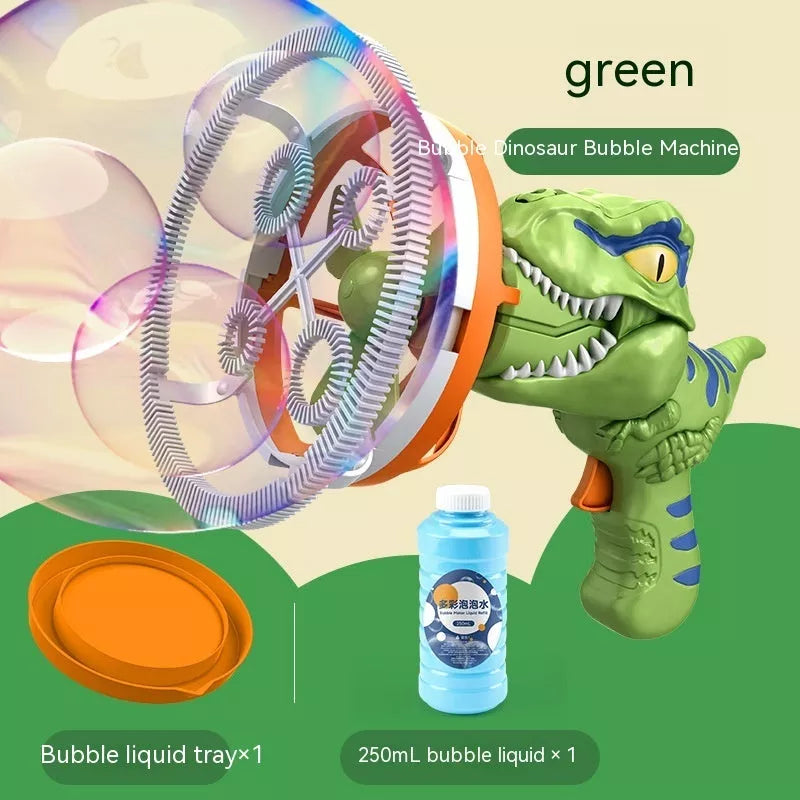Dinosaur-shaped bubble machine for kids with red, blue, and green options