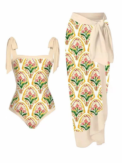 Women's floral printed two-piece swimsuit with chiffon hip skirt in multiple colour options