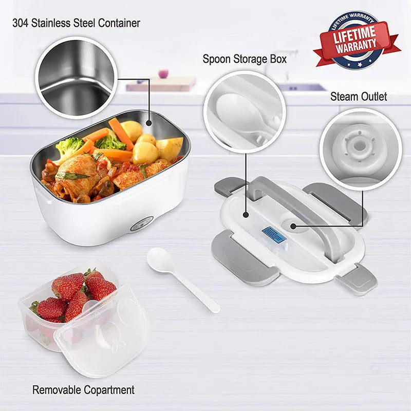 Grey dual-power electric heating lunch box showing 1.1-1.2 litre capacity with car and home plug options