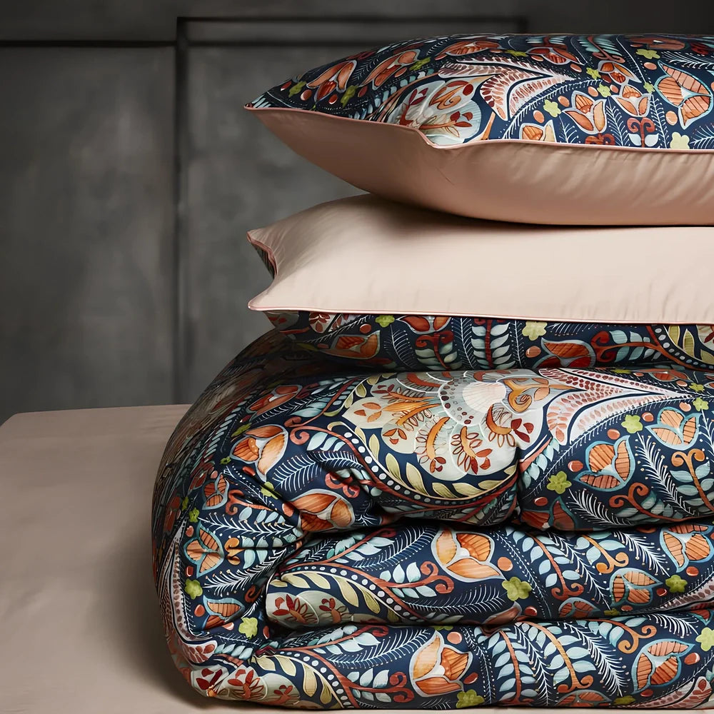 Four-piece cotton bedding set with floral pattern showing fitted sheet, duvet cover, and two pillowcases
