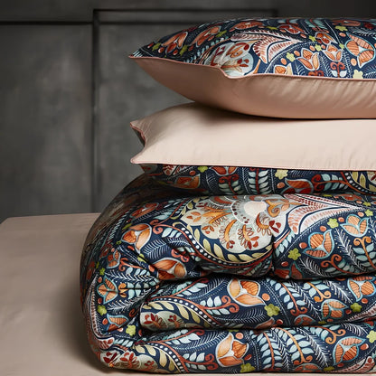Four-piece cotton bedding set with floral pattern showing fitted sheet, duvet cover, and two pillowcases