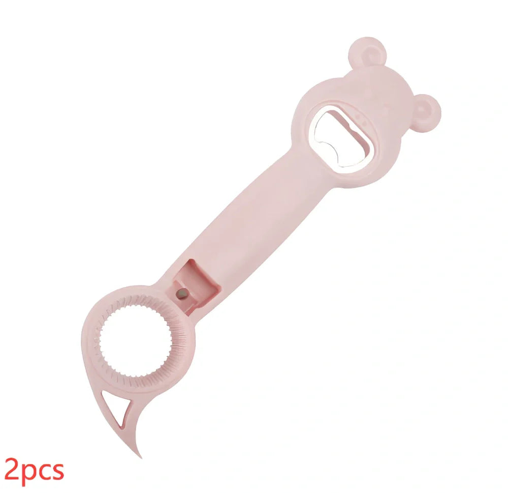 Bear-shaped 4-in-1 stainless steel bottle opener in gray blue, 21 cm long for jars cans and beers