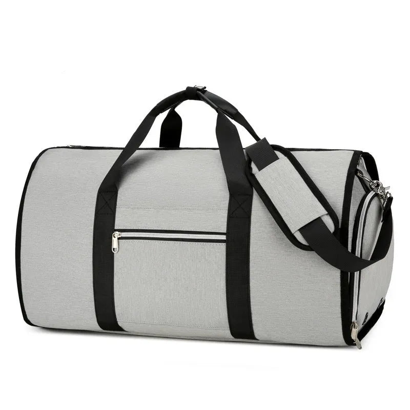 Oxford cloth sports bag in grey colour showing compartments for dry and wet separation.