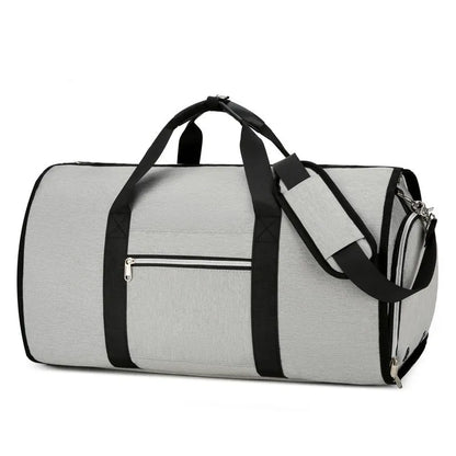 Oxford cloth sports bag in grey colour showing compartments for dry and wet separation.