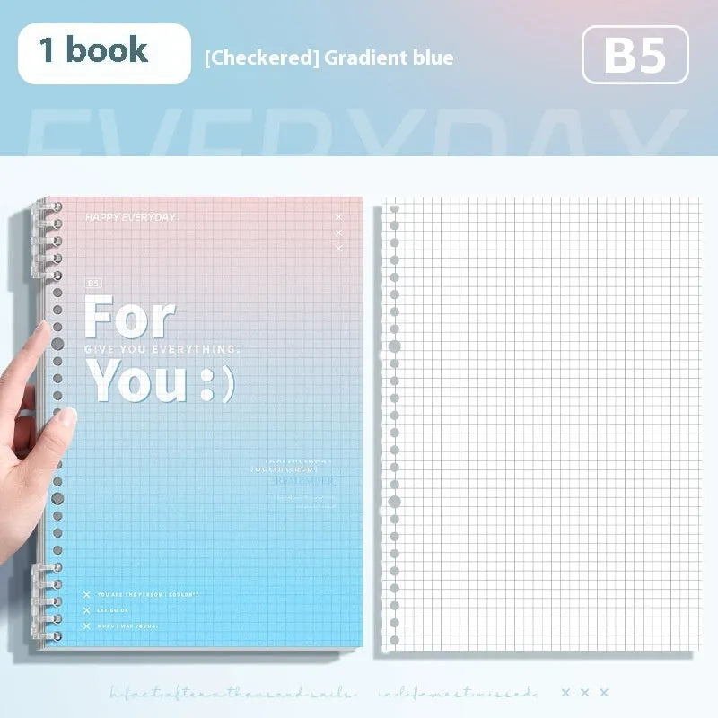 Removable coil gradient notebook in blue with PP cover and wood-free paper, showing coil binding mechanism