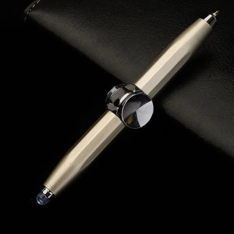 Creative multi-function metal pen with LED light and fingertip gyro spinner for writing and fidgeting.