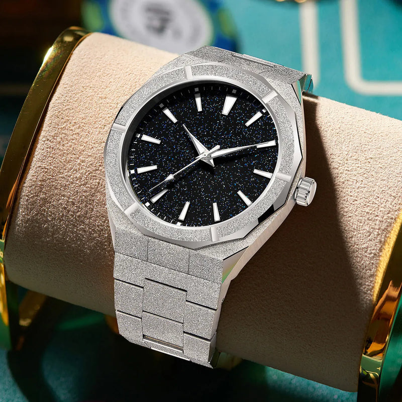 Men's business watch with stainless steel frosted case and luminous hands, 11mm thickness silver gold or black colour options for professional or formal occasions