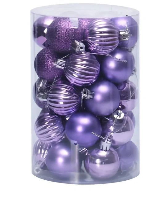 34 Christmas tree ball ornaments in assorted colours with 6cm diameter plastic construction