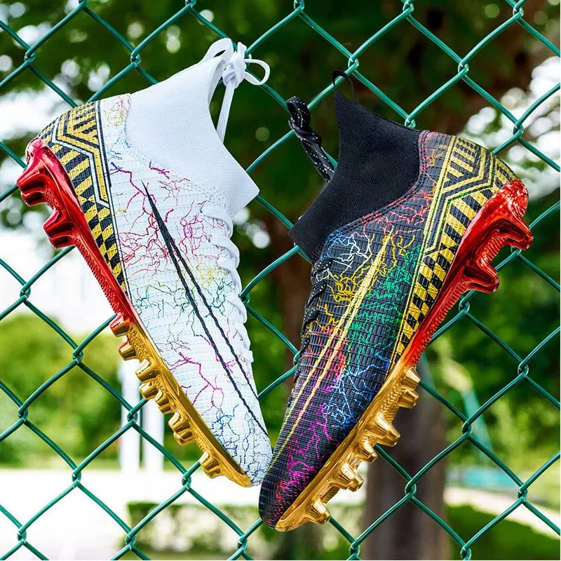 High-top soccer training shoes with gold-plated PVC soles in white, black, and mandarin duck colour options