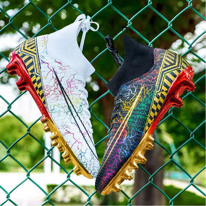 High-top soccer training shoes with gold-plated PVC soles in white, black, and mandarin duck colour options