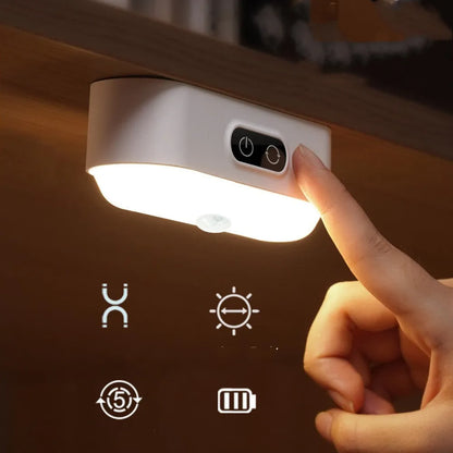 White magnetic mount USB rechargeable LED night light with motion sensor and touch control panel.