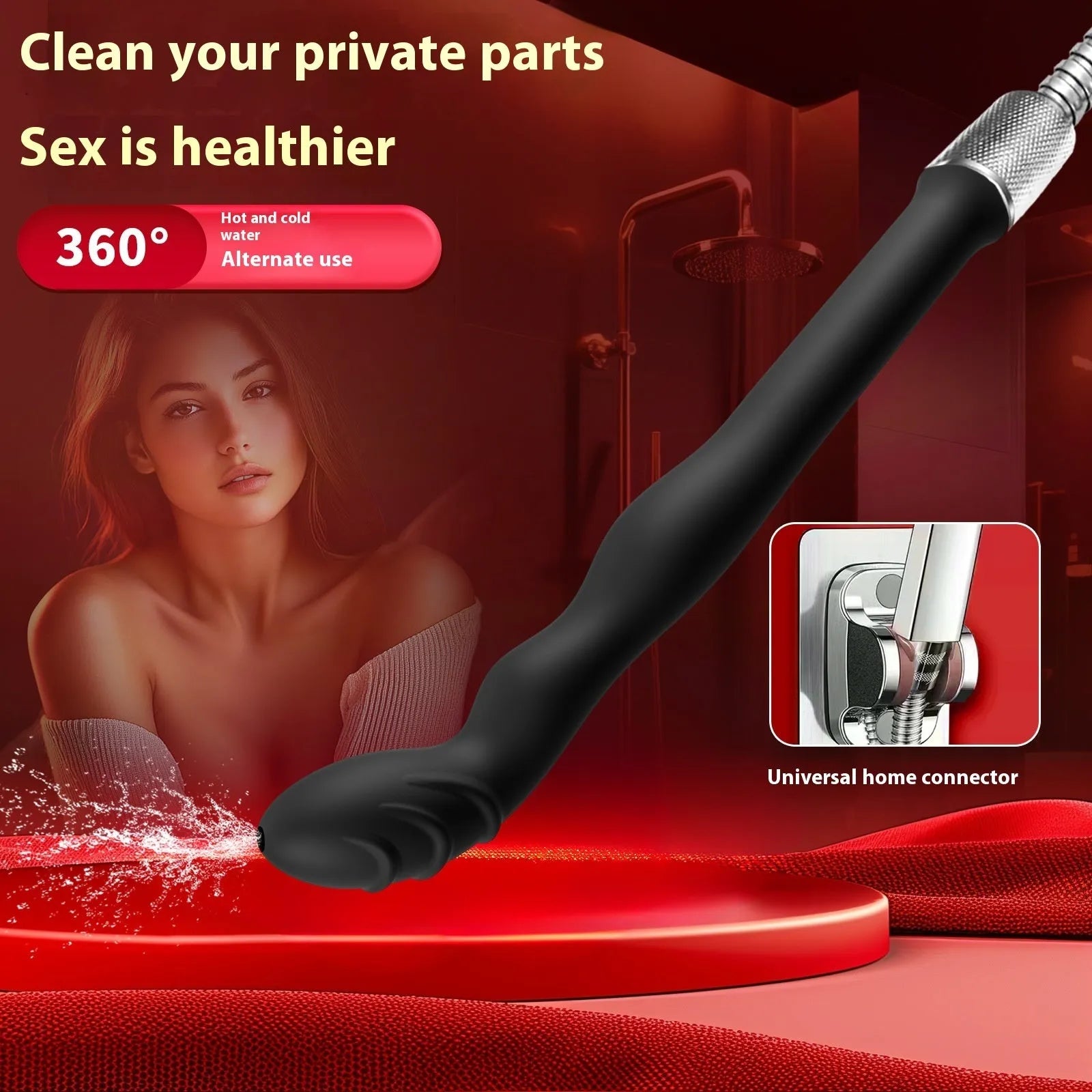 Black silicone enema hosepipe flusher for cleaning, shown in large and small size options with flexible design.