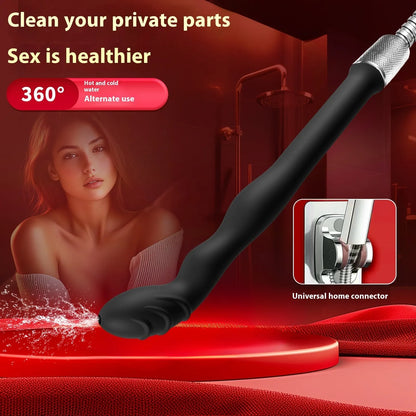 Black silicone enema hosepipe flusher for cleaning, shown in large and small size options with flexible design.